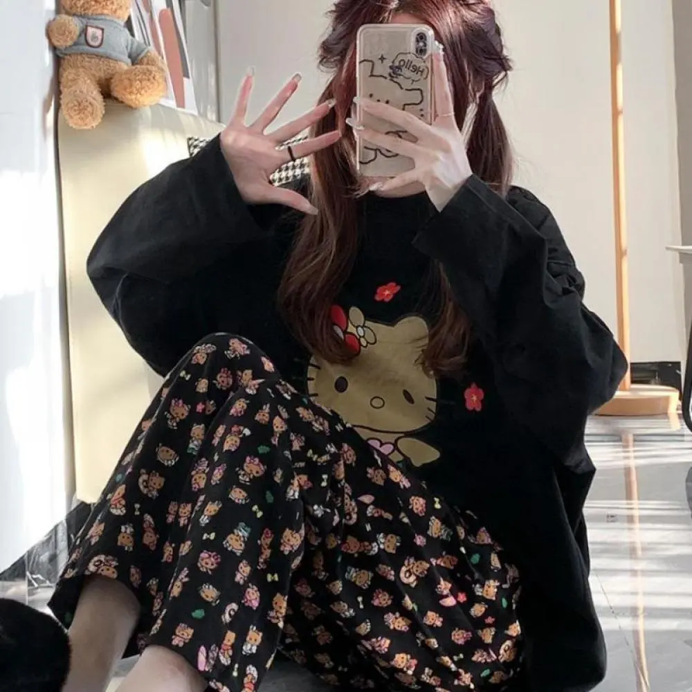Cute Hello Kitty Pajamas Suit Cartoon Sanrioed Anime Comfortable Printed Trousers Home Clothes Cute Loose Casual Nightwear Girl