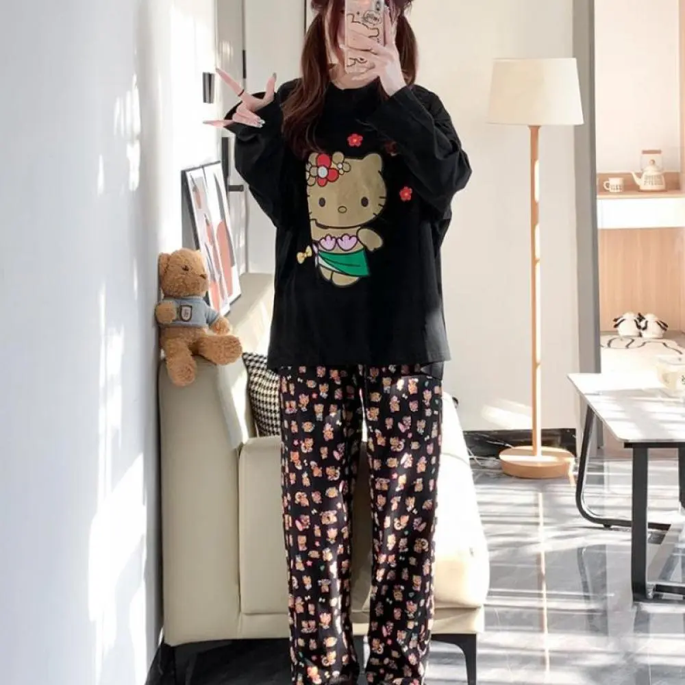Cute Hello Kitty Pajamas Suit Cartoon Sanrioed Anime Comfortable Printed Trousers Home Clothes Cute Loose Casual Nightwear Girl