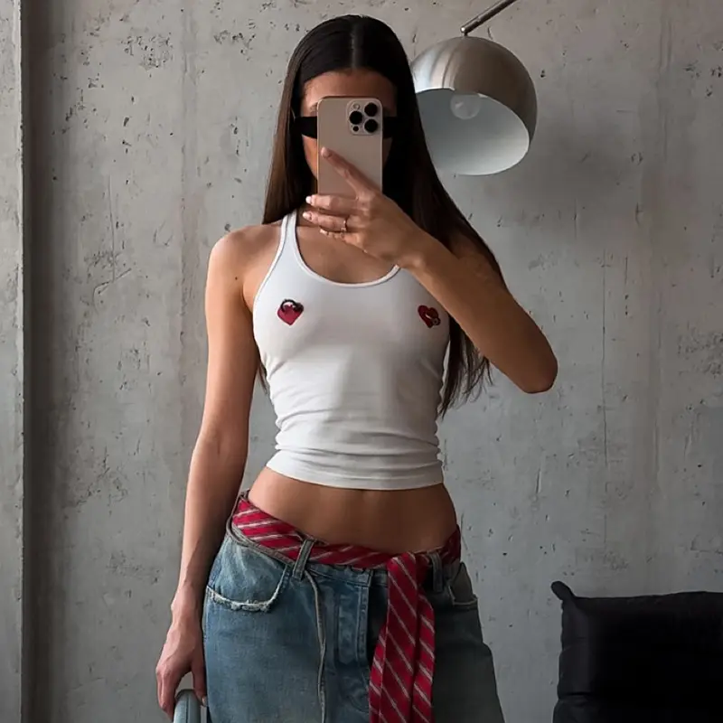 Heart Print Metal Rings Crop Tops Women Y2k 2025 Spring Casual Simple Classic Tank Tops Streetwear Skinny Sporty Camis