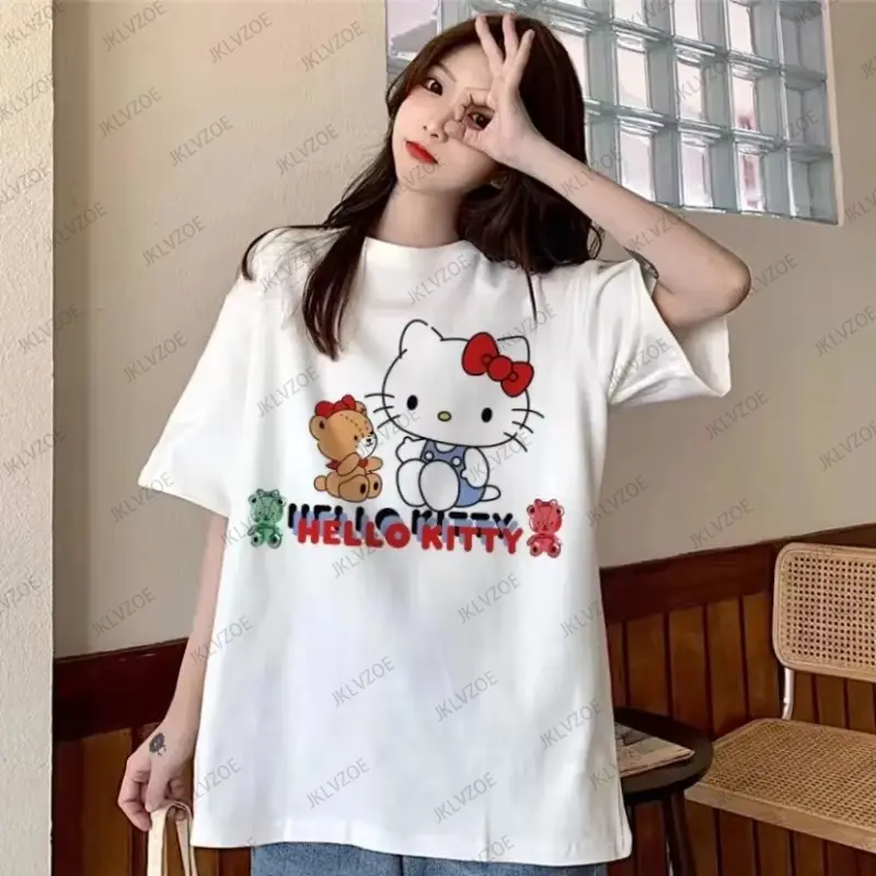 MINISO Kawaii Hello Kitty Y2K Korean Cotton T-shirts For Women's Anime Summer Short Sleeve Tees Loose Oversized Couples Tops