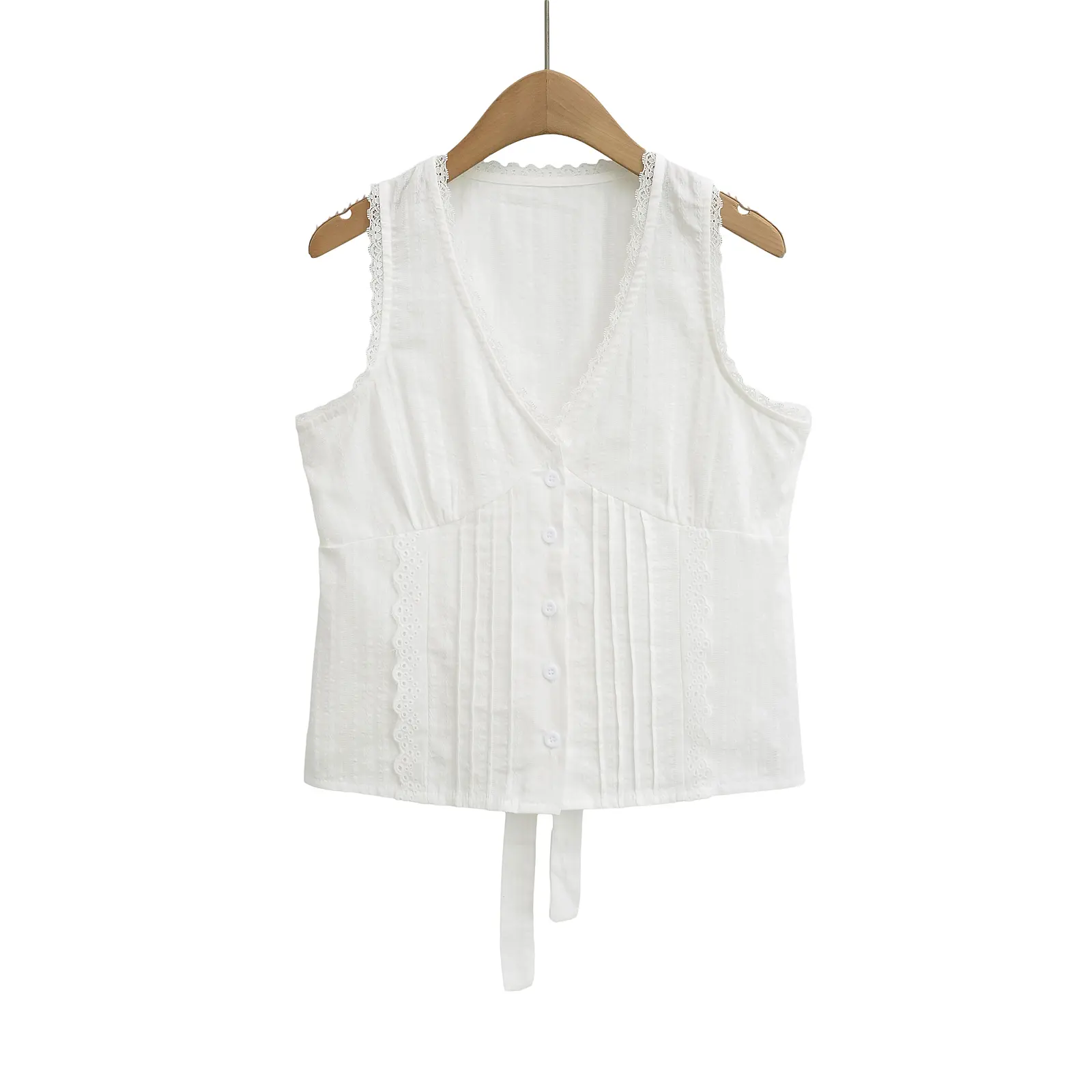 2025 Summer Plain White Spliced Lace V neck Sleeveless Tank Women Open Buttons Slim Waist Tie Bow Sashes Back Tank Top Crop Tops