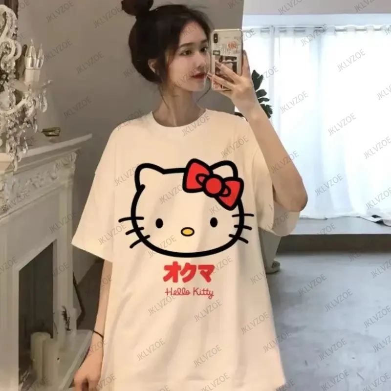 MINISO Kawaii Hello Kitty Y2K Korean Cotton T-shirts For Women's Anime Summer Short Sleeve Tees Loose Oversized Couples Tops