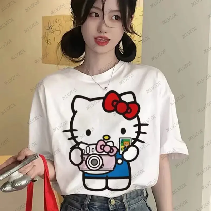 MINISO Kawaii Hello Kitty Y2K Korean Cotton T-shirts For Women's Anime Summer Short Sleeve Tees Loose Oversized Couples Tops