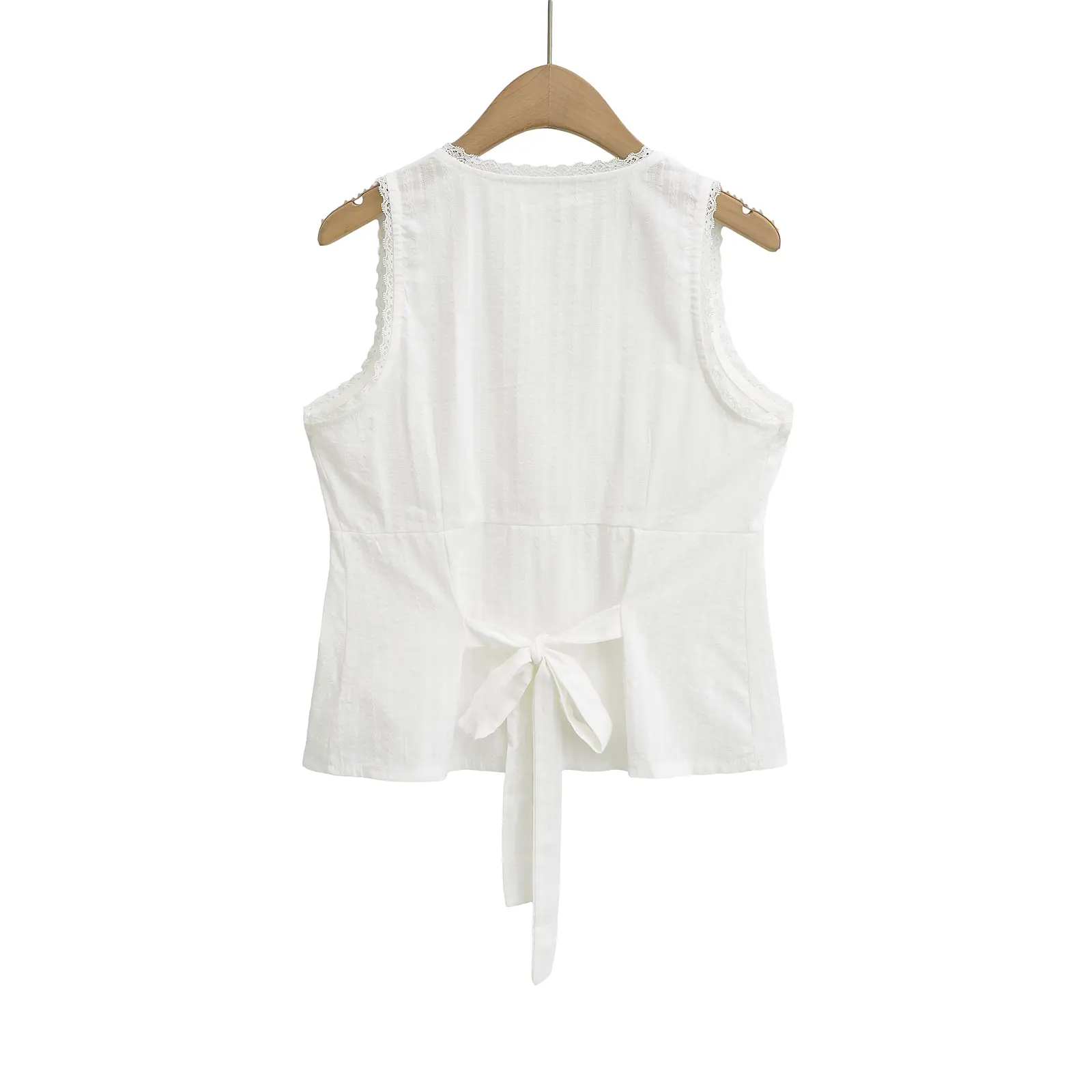 2025 Summer Plain White Spliced Lace V neck Sleeveless Tank Women Open Buttons Slim Waist Tie Bow Sashes Back Tank Top Crop Tops