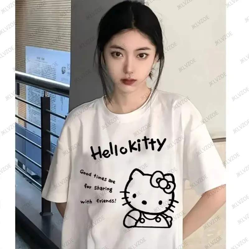 MINISO Kawaii Hello Kitty Y2K Korean Cotton T-shirts For Women's Anime Summer Short Sleeve Tees Loose Oversized Couples Tops