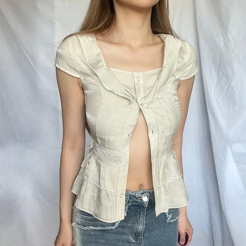 French girl, sweet style, breasted short-sleeved shirt, pure desire, waist thin, V-neck, versatile casual top women