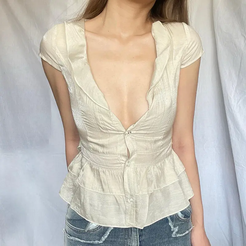 French girl, sweet style, breasted short-sleeved shirt, pure desire, waist thin, V-neck, versatile casual top women