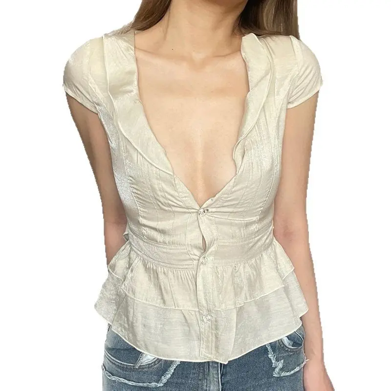 French girl, sweet style, breasted short-sleeved shirt, pure desire, waist thin, V-neck, versatile casual top women