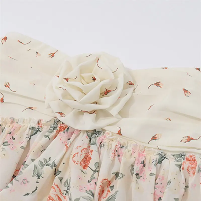 Puloru Fairy 2000s Floral Print Strapless Tops with Collar 2 Pcs Set Women's Stylish Ruffled Trim Tube Tops for Streetwear