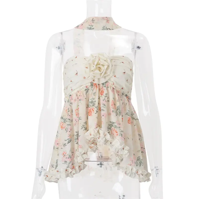 Puloru Fairy 2000s Floral Print Strapless Tops with Collar 2 Pcs Set Women's Stylish Ruffled Trim Tube Tops for Streetwear