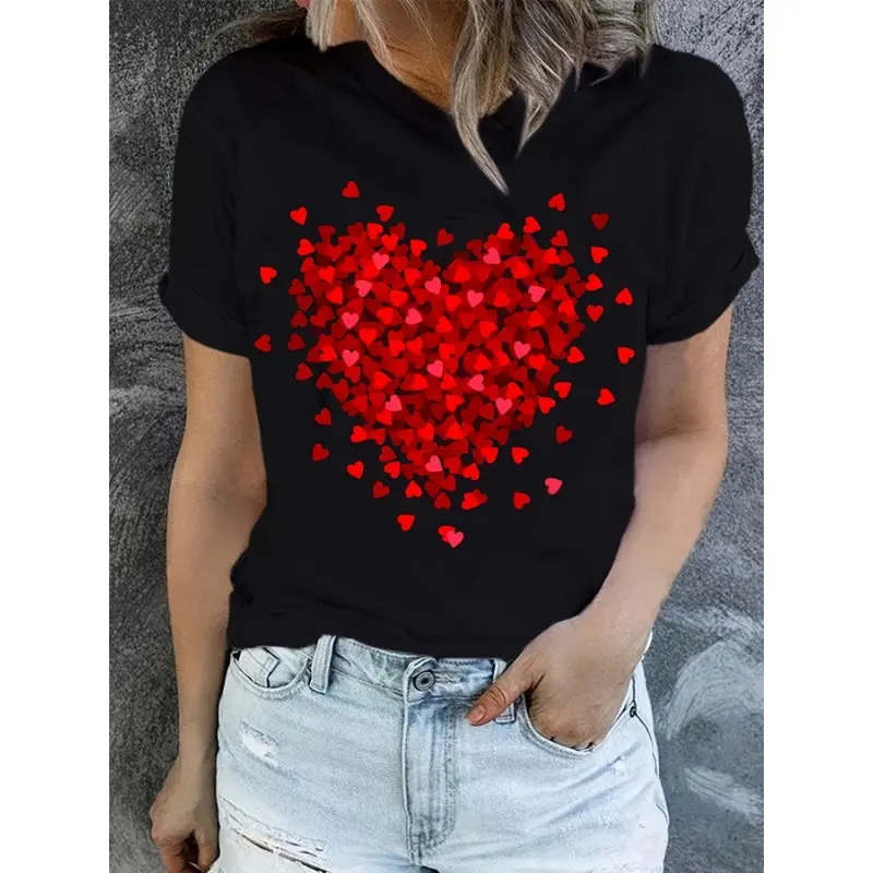 Trendy Heart Printed Ladies T-Shirt Summer and Spring Pure Short Sleeve Round Neck Casual Tops Cotton Y2K Women's Plus Size