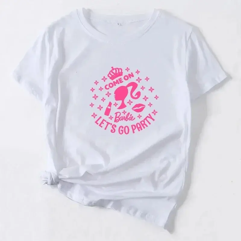 Kawaii Barbie Cartoon T-shirt Women Letter Top Round Neck Printed Summer Casual Short Sleeve Anime Extra Large Girl T-shirt Top