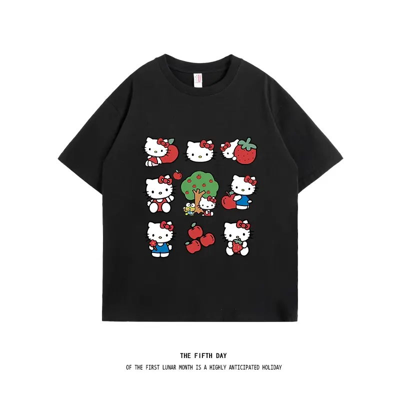 Hello Kitty Sanrio Fun Print Cotton T-Shirt Summer Cartoon Graphic Woman T-shirt Round Neck Plus Size Loose Casual Clothes