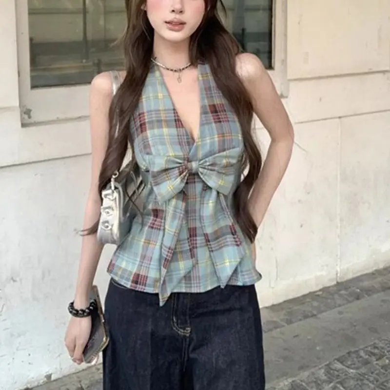 Summer Lady T-shirts Casual Vacation T-shirts Women Fashion Designer Slip Vest Tops Girls Sexy Patchwork Plaid Clothes