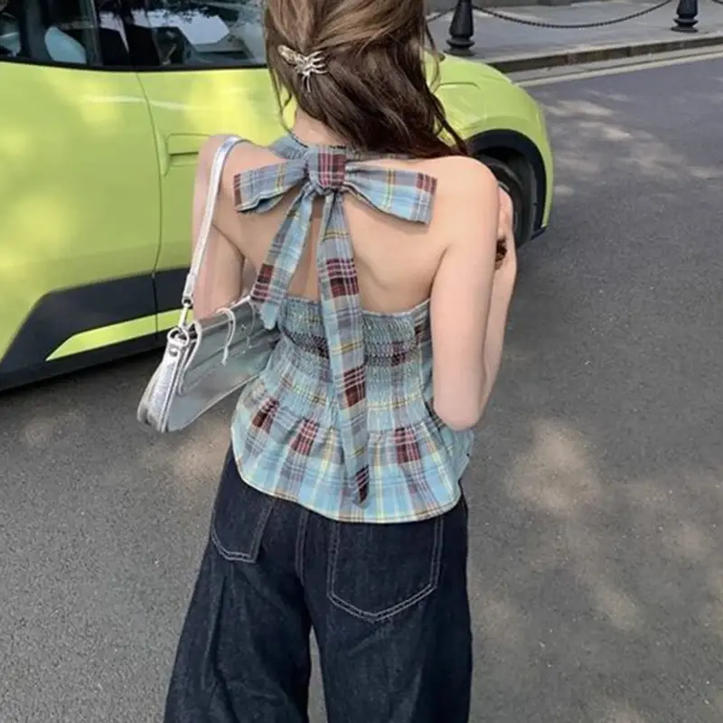 Summer Lady T-shirts Casual Vacation T-shirts Women Fashion Designer Slip Vest Tops Girls Sexy Patchwork Plaid Clothes