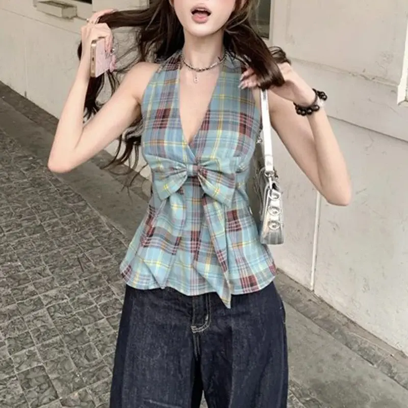 Summer Lady T-shirts Casual Vacation T-shirts Women Fashion Designer Slip Vest Tops Girls Sexy Patchwork Plaid Clothes