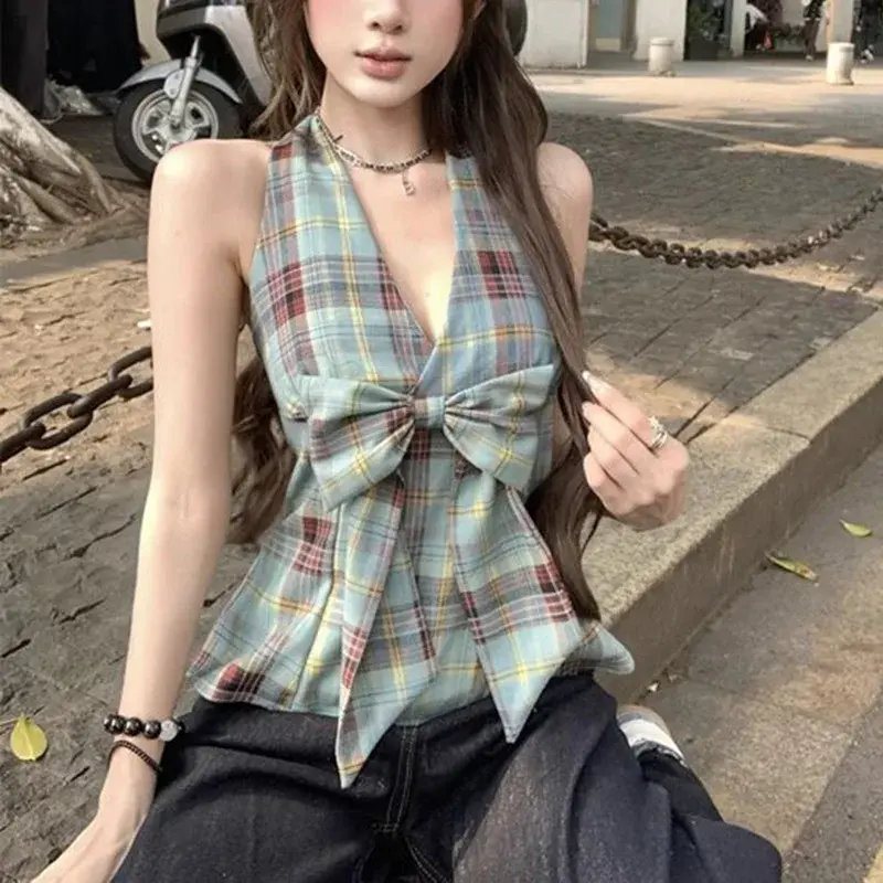 Summer Lady T-shirts Casual Vacation T-shirts Women Fashion Designer Slip Vest Tops Girls Sexy Patchwork Plaid Clothes