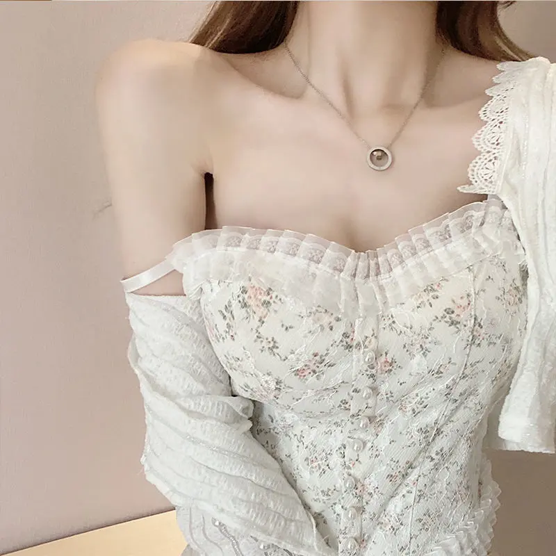 Summer Print Lace Crop Tops Women's Cropped Aesthetic Vest Y2K Corset Tank Top Camisole Vintage Tanks Camis Fashion Streetwear