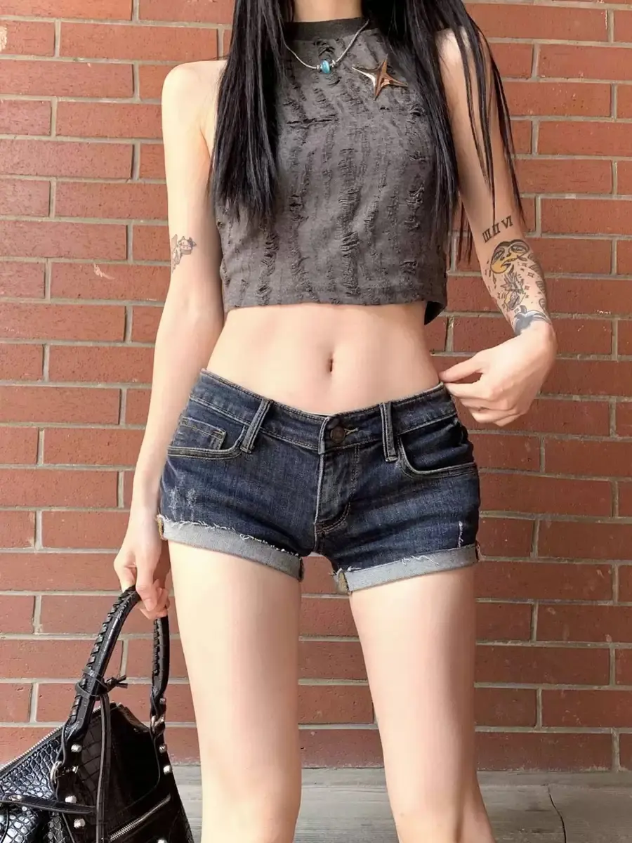 Women's Low Rise Elastic Tight Curled Denim Shorts Summer New Hot Girl Street Casual Hip Wrap Sexy Mini Shorts Female
