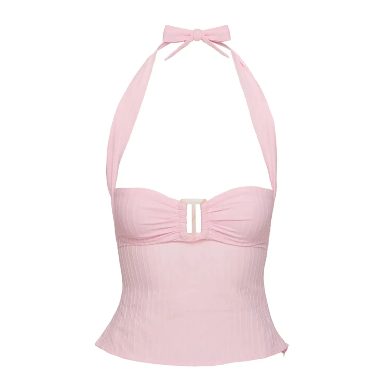 Combhasaki Women Summer Cute Striped Straps Lace-up Halter Neck Tank Tops Square Buckle Decor Ruched Smocked Backless Slim Vest