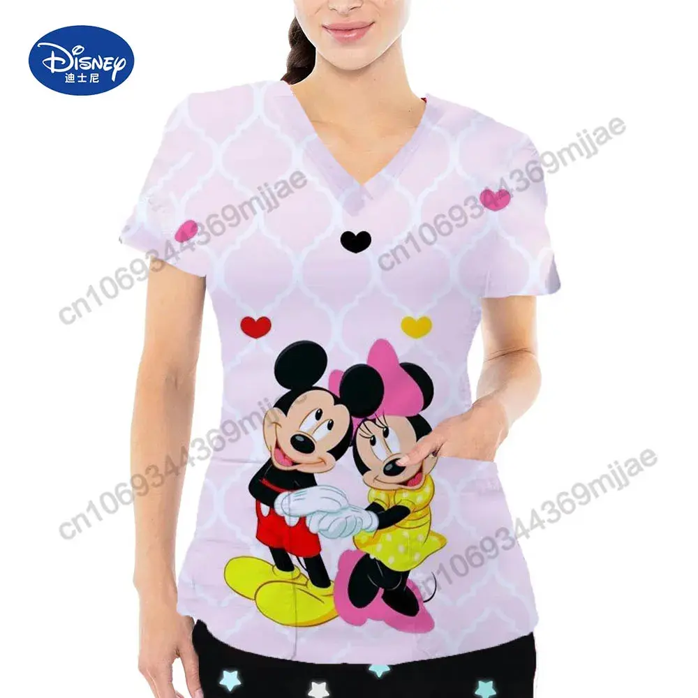 2025 Summer New Disney Cartoon Pattern Top Fashion V-neck Double Pocket Design Style T-shirt Casual Comfortable Women's Wear