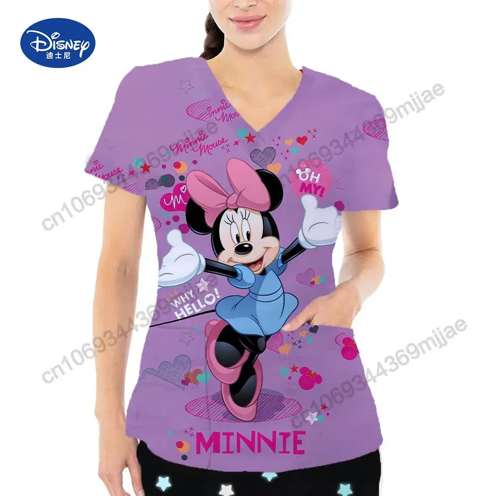 2025 Summer New Disney Cartoon Pattern Top Fashion V-neck Double Pocket Design Style T-shirt Casual Comfortable Women's Wear