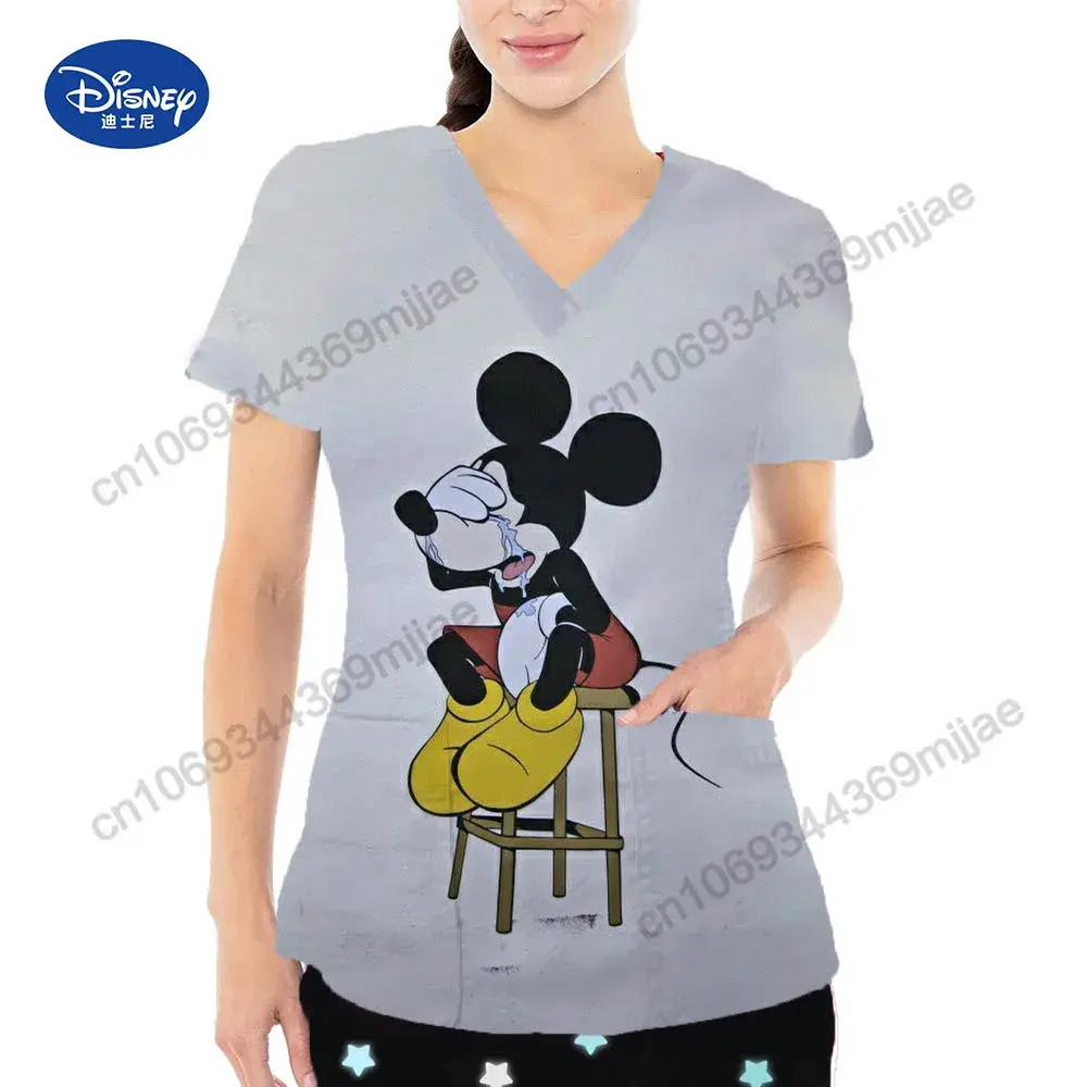 2025 Summer New Disney Cartoon Pattern Top Fashion V-neck Double Pocket Design Style T-shirt Casual Comfortable Women's Wear
