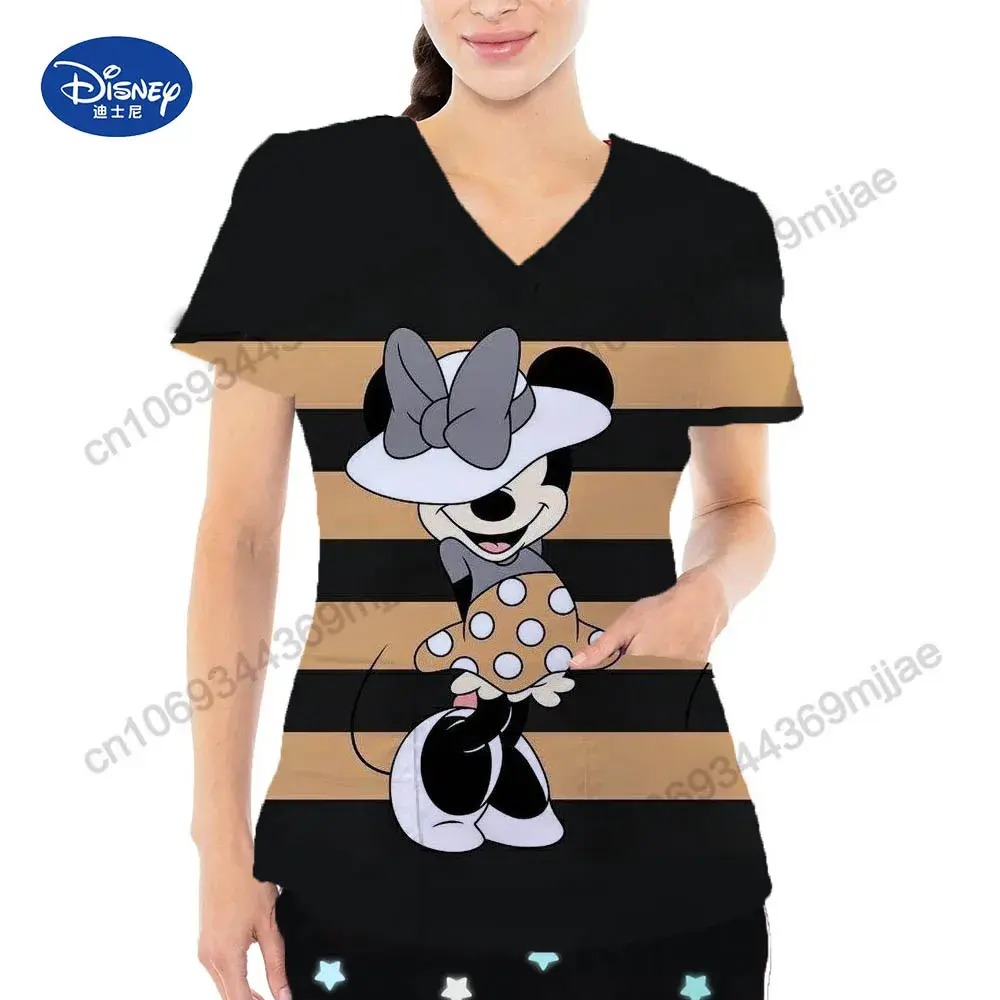 2025 Summer New Disney Cartoon Pattern Top Fashion V-neck Double Pocket Design Style T-shirt Casual Comfortable Women's Wear
