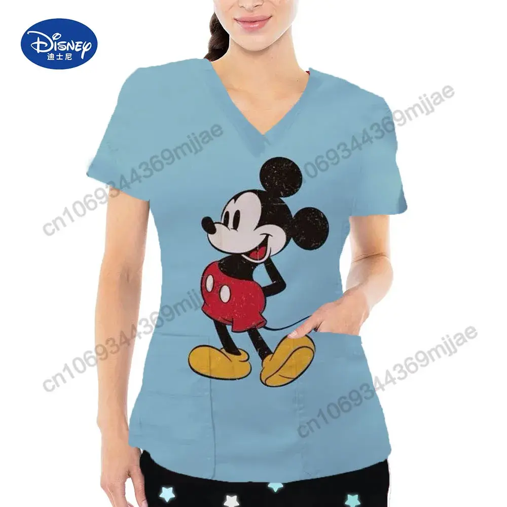 2025 Summer New Disney Cartoon Pattern Top Fashion V-neck Double Pocket Design Style T-shirt Casual Comfortable Women's Wear