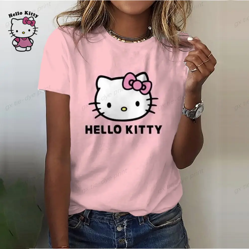 Girl Women's T-shirt Casual Kawaii Hello Kitty Cartoon Pattern Print Tshirt Comfortable Casual Women's Clothing Black Top