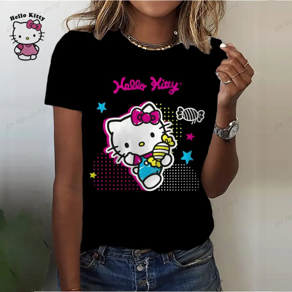 Girl Women's T-shirt Casual Kawaii Hello Kitty Cartoon Pattern Print Tshirt Comfortable Casual Women's Clothing Black Top