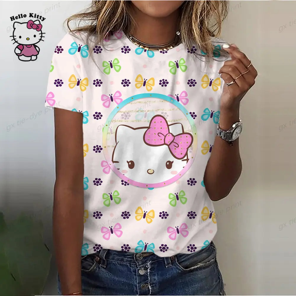 Girl Women's T-shirt Casual Kawaii Hello Kitty Cartoon Pattern Print Tshirt Comfortable Casual Women's Clothing Black Top