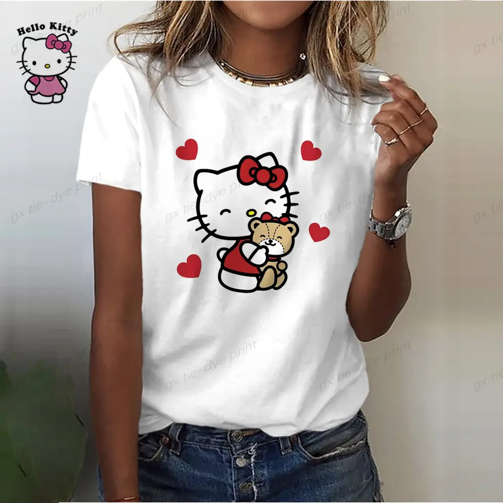 Girl Women's T-shirt Casual Kawaii Hello Kitty Cartoon Pattern Print Tshirt Comfortable Casual Women's Clothing Black Top
