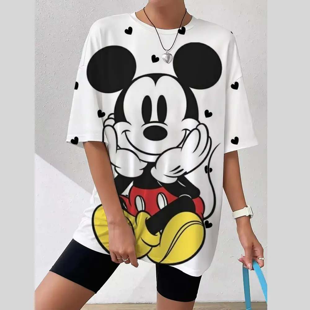 Women's O-Neck T-shirt Disney Mickey Mouse print Y2k Harajuku Pullover Vintage Tops Fashion Tees Oversized Female Clothes Summer