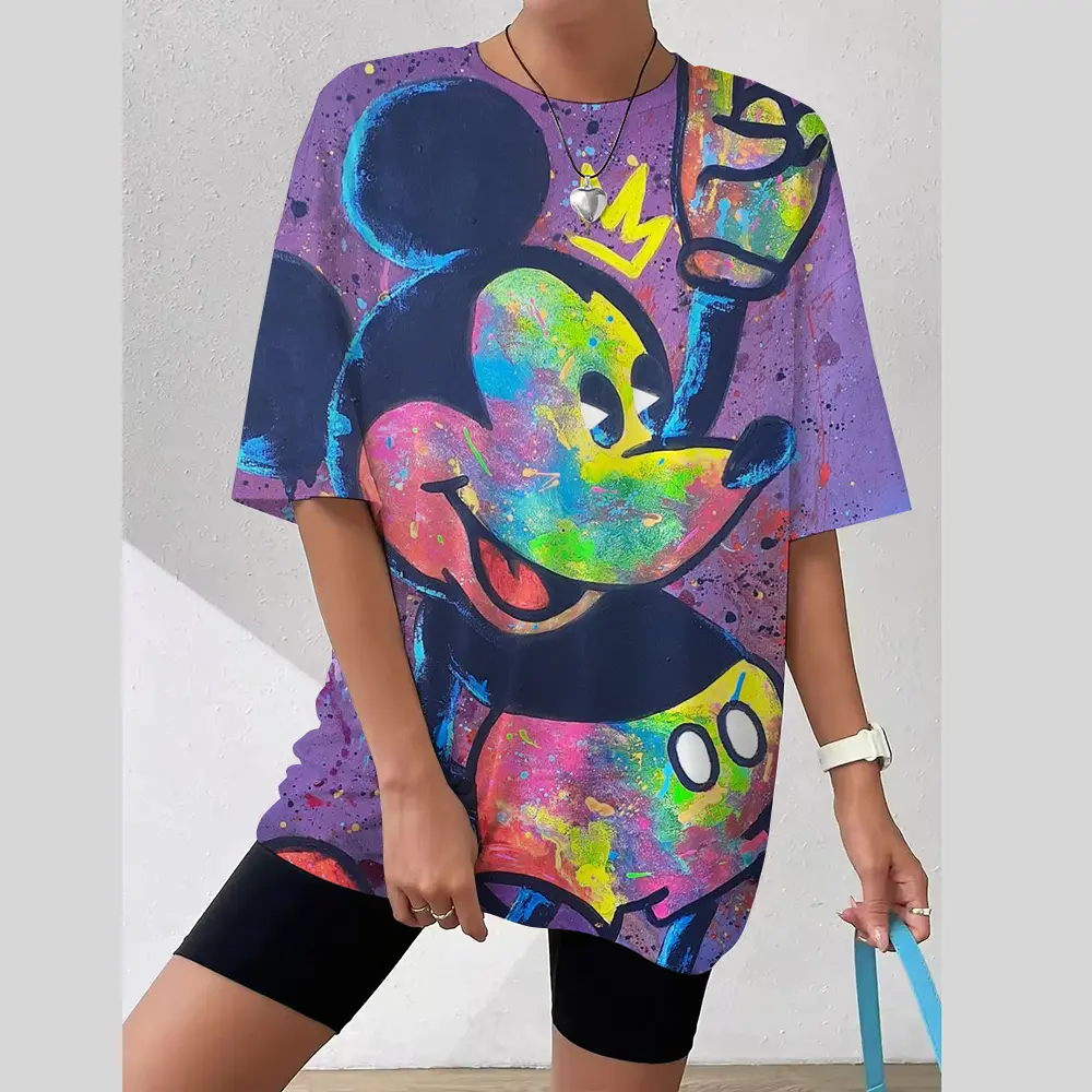 Women's O-Neck T-shirt Disney Mickey Mouse print Y2k Harajuku Pullover Vintage Tops Fashion Tees Oversized Female Clothes Summer