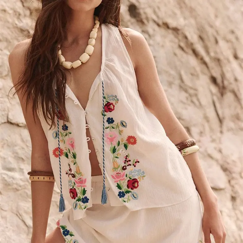 Imcute Tie Front Tank Top Women Y2k Floral Embroidery Babydoll Crop Vest CamiTeen Girl Coquette Embroidered Going Out Camisole