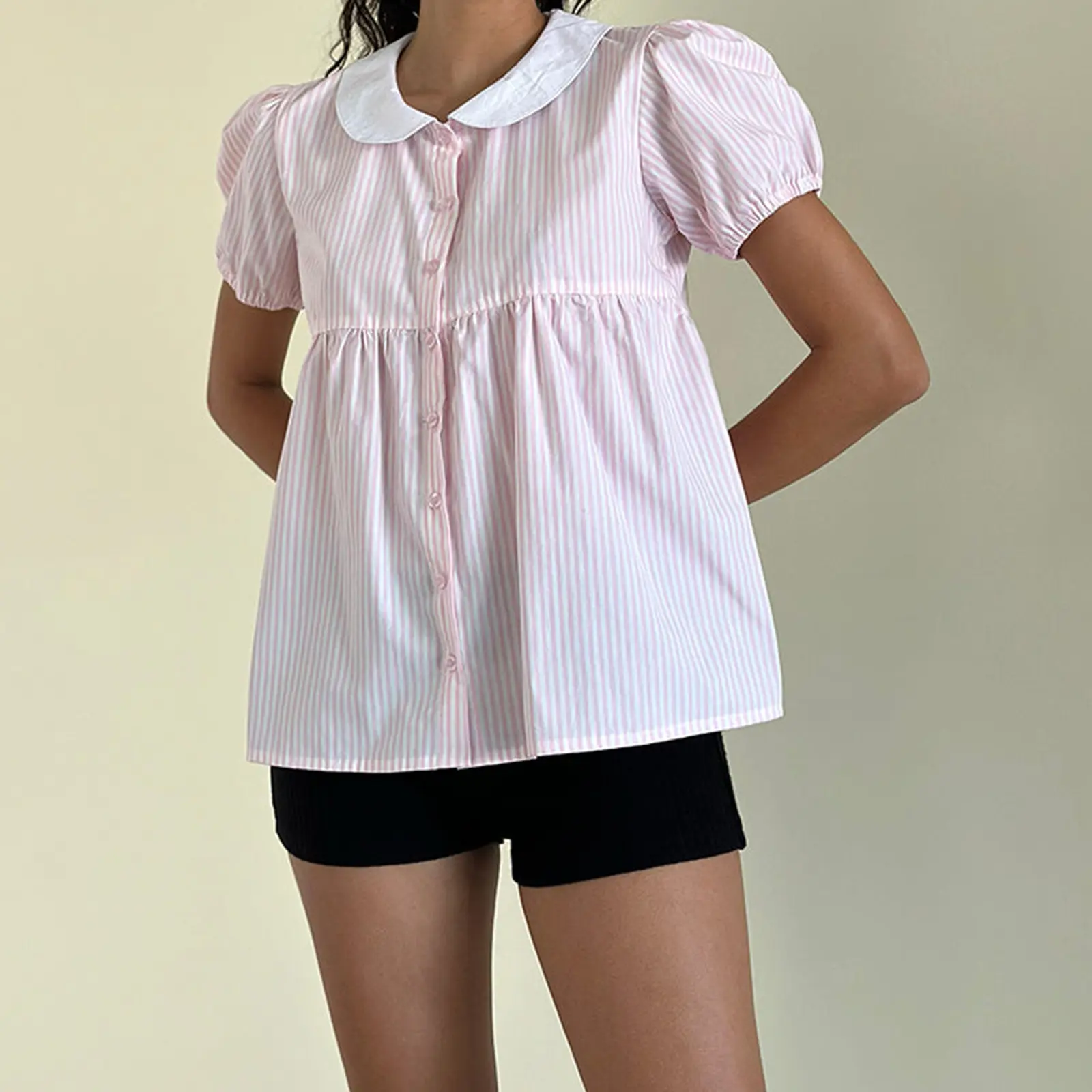 Gaono Cute Girl Short Sleeve Doll Collar Babydoll Blouse Y2k Streetwear Women Tshirt Cottage Button-down Summer Striped Crop Top