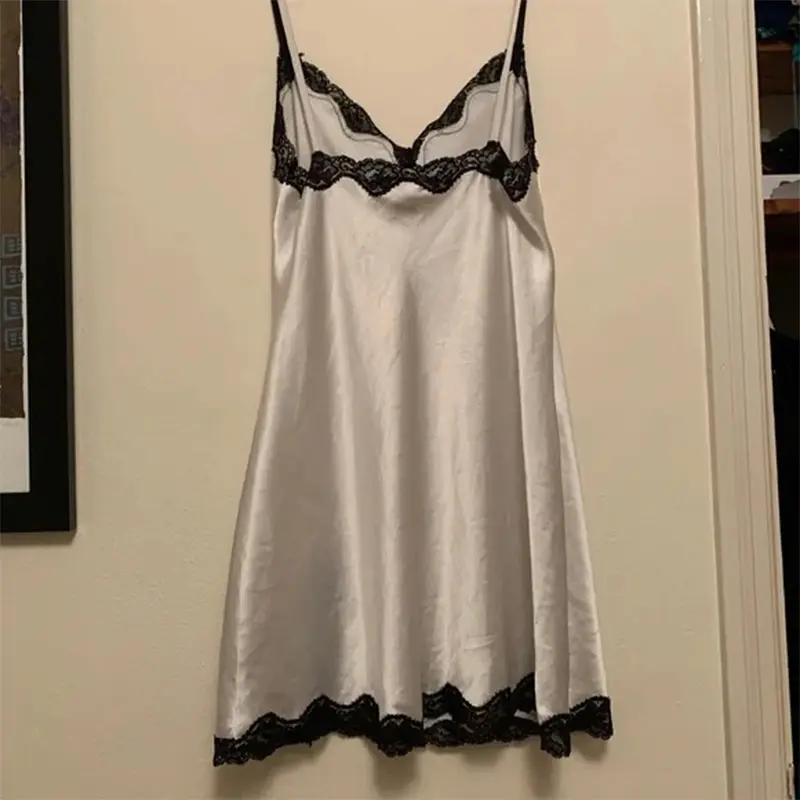 Sexy women's dress lace Harajuku fashion solid color Y2K slit short skirt cute emo girls comfortable satin aesthetic sling dress