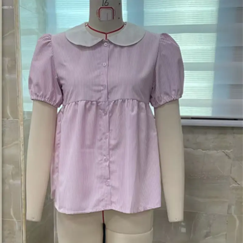 Gaono Cute Girl Short Sleeve Doll Collar Babydoll Blouse Y2k Streetwear Women Tshirt Cottage Button-down Summer Striped Crop Top