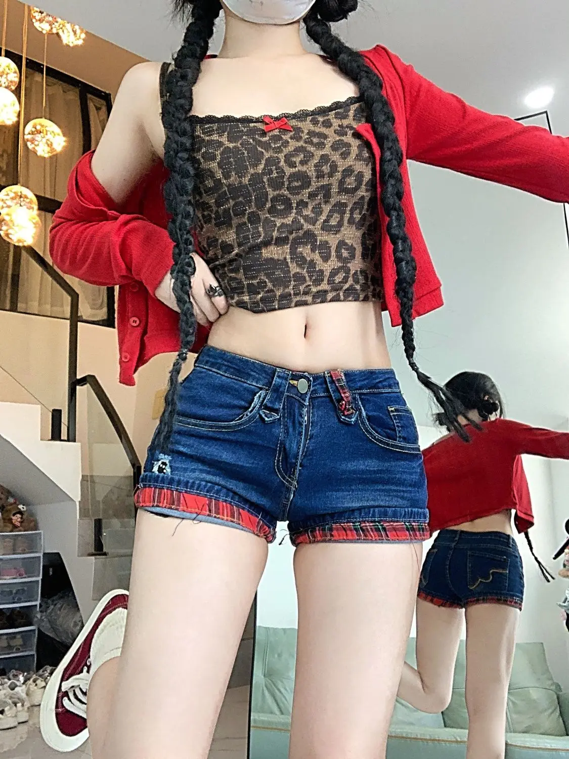 Y2k Plaid Splicing Crimped Low-rise Denim Shorts New Women Sexy Vintage Fashion Summer