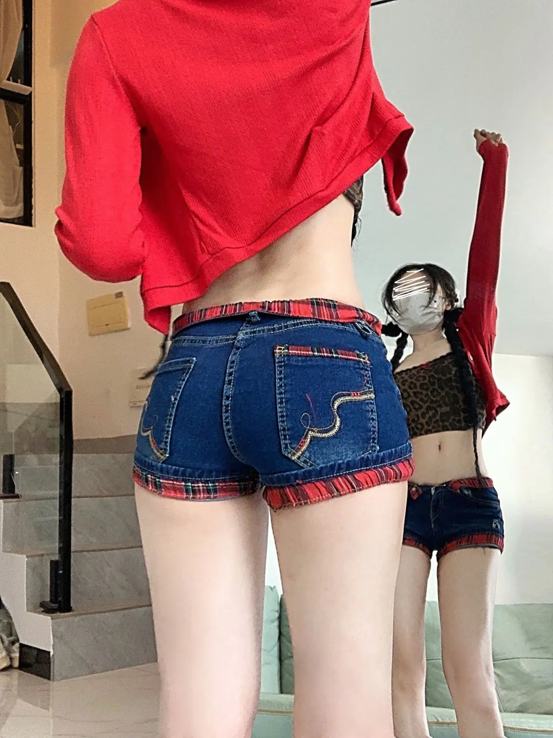 Y2k Plaid Splicing Crimped Low-rise Denim Shorts New Women Sexy Vintage Fashion Summer