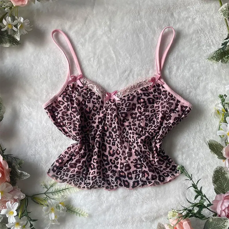 Leopard Print Suspender Emo Girl Sexy Commut Y2K Crop Top American Retro Streetwear Harajuku Aesthetic Hip Hop Chic Women's Tops