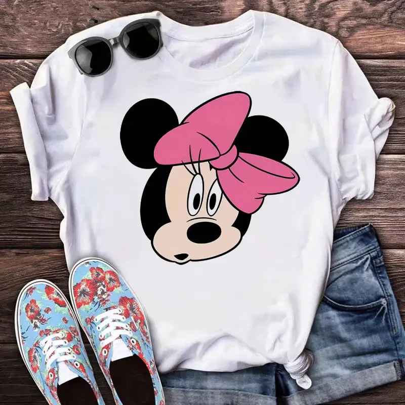 MINISO Disney Fashion Short Sleeves Tops Cartoon Casual T Shirts Female Clothes Minnie Mickey Print T-shirt Women's Clothing