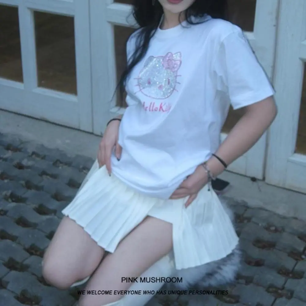 Cartoon Hello Kitty Cotton T-Shirt Sanrioed Anime Women  Kt Short Sleeve Summer Cute Comfortable Couple Tops Kawaii Loose Casual