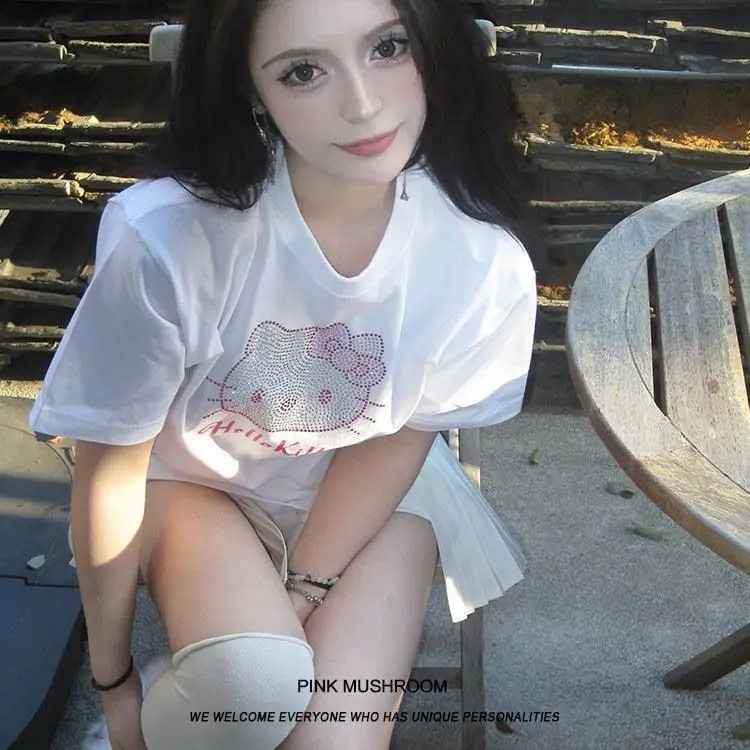 Cartoon Hello Kitty Cotton T-Shirt Sanrioed Anime Women  Kt Short Sleeve Summer Cute Comfortable Couple Tops Kawaii Loose Casual