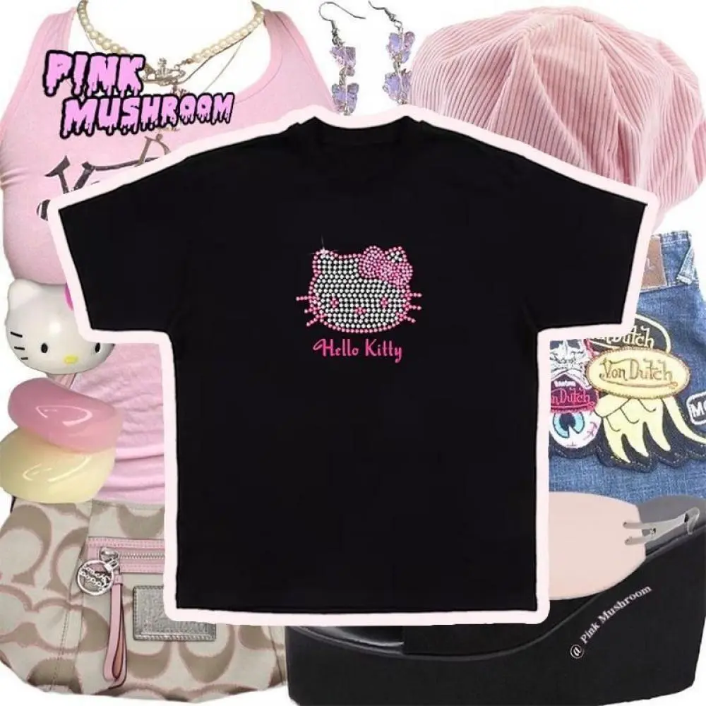 Cartoon Hello Kitty Cotton T-Shirt Sanrioed Anime Women  Kt Short Sleeve Summer Cute Comfortable Couple Tops Kawaii Loose Casual