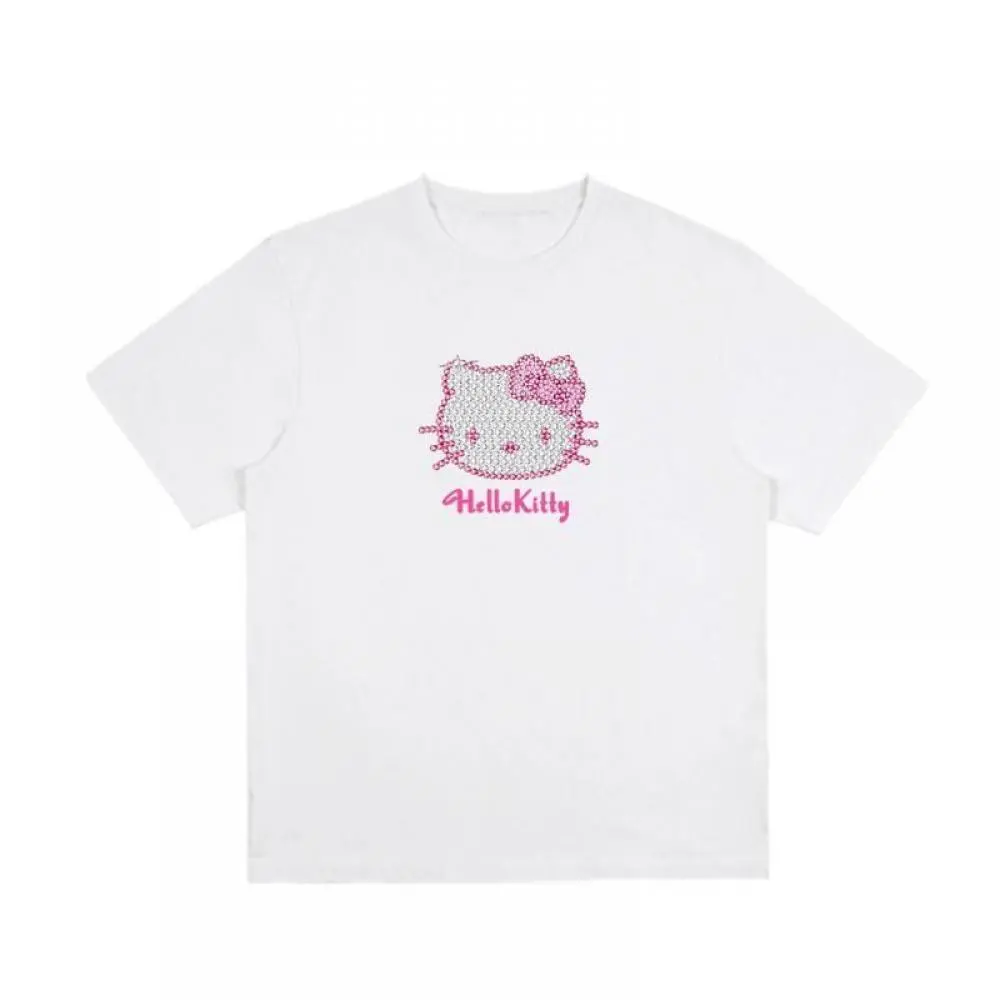 Cartoon Hello Kitty Cotton T-Shirt Sanrioed Anime Women  Kt Short Sleeve Summer Cute Comfortable Couple Tops Kawaii Loose Casual