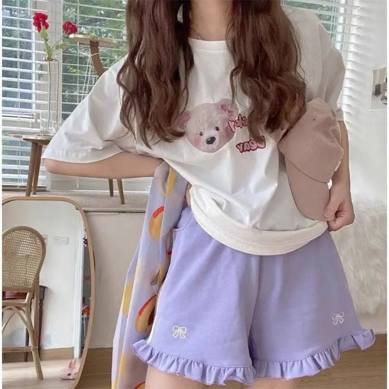 Summer Sports Shorts Female Student 2024 New Japanese Embroidered Loose Wide Leg Shorts Kawaii Harajuku Cute Sweet Pink Shorts