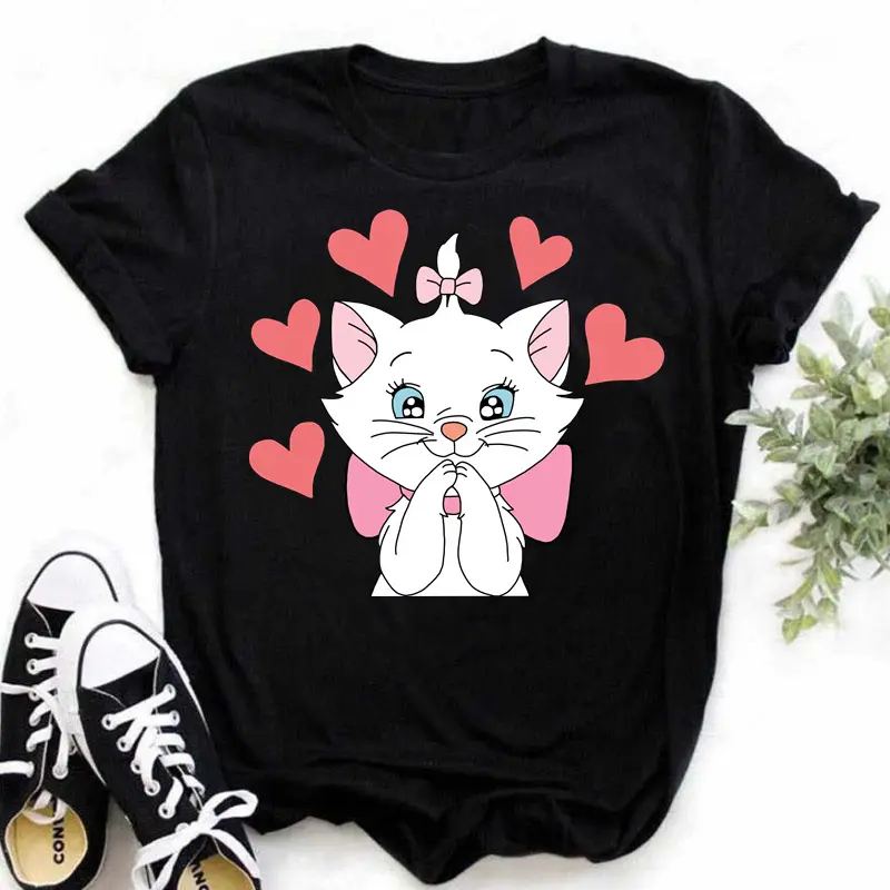 The Aristocats Marie Cat Kawaii Cute Graphic Print Cotton T-shirt 2024 Women's Summer Top Y2K Cute Style Couple Short Sleeve Top