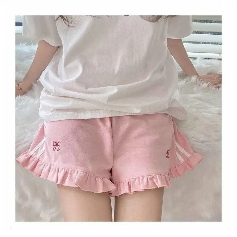 Summer Sports Shorts Female Student 2024 New Japanese Embroidered Loose Wide Leg Shorts Kawaii Harajuku Cute Sweet Pink Shorts